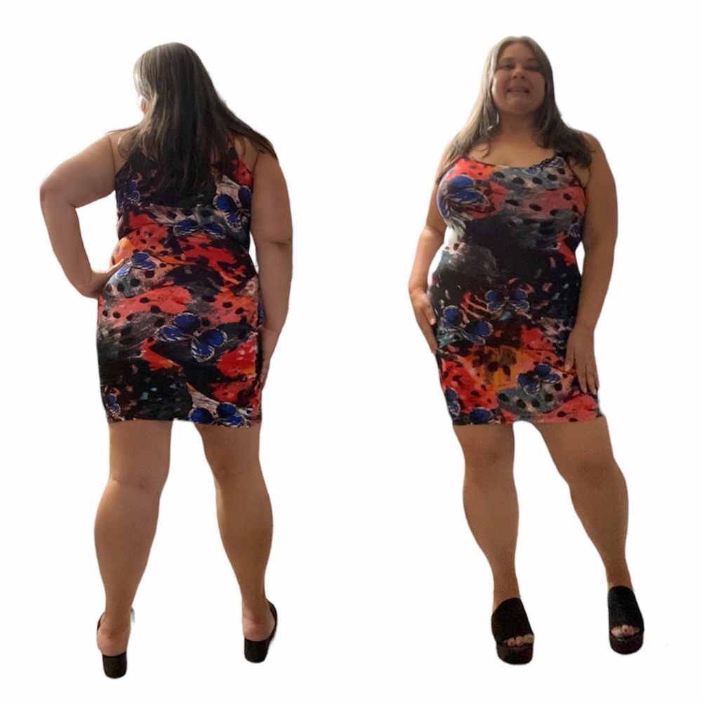 Butterfly Print O-Ring Strap Tank Dress Stretch Mini Bodycon Club-XL